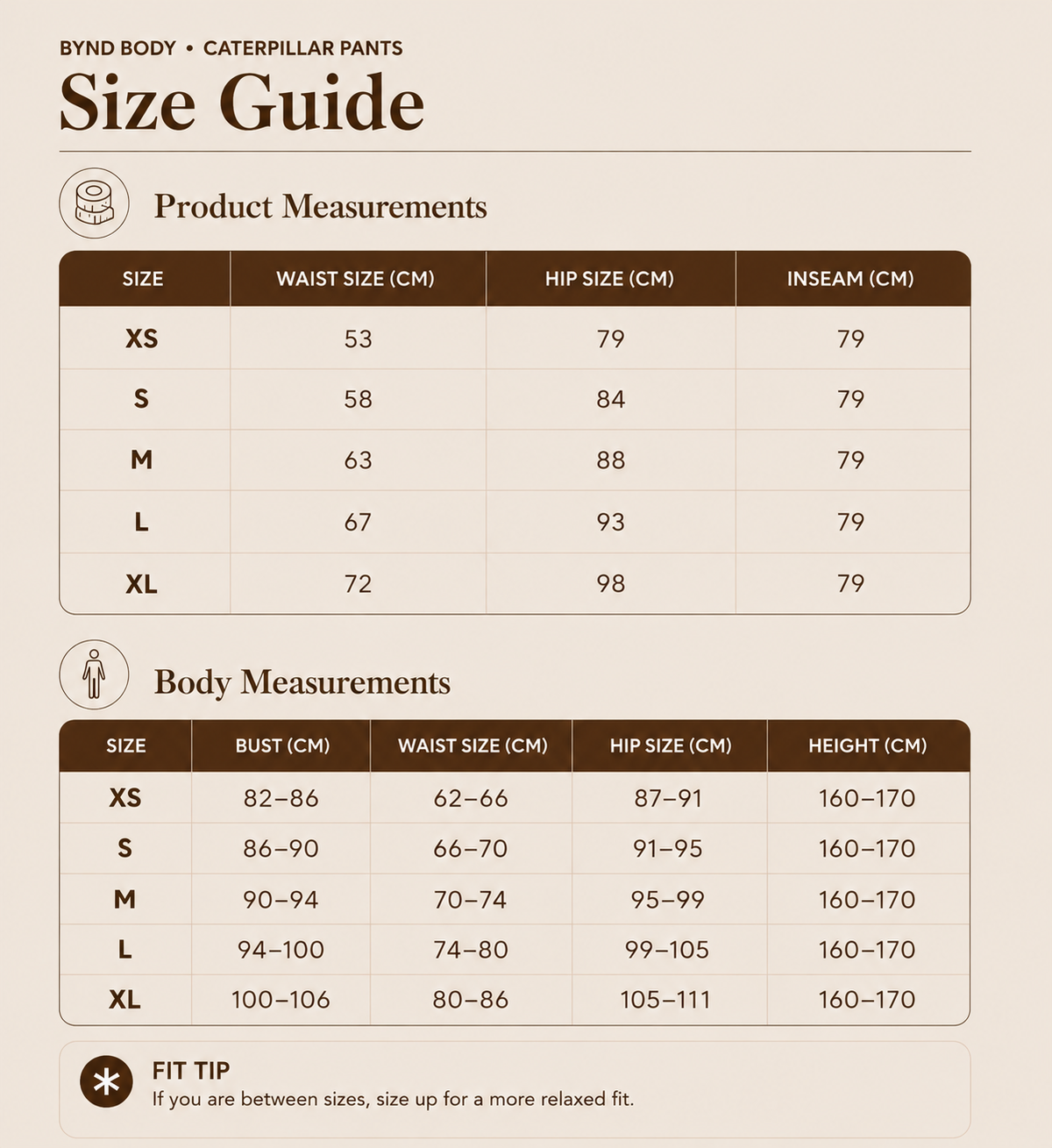 Size chart for Caterpillar Pants