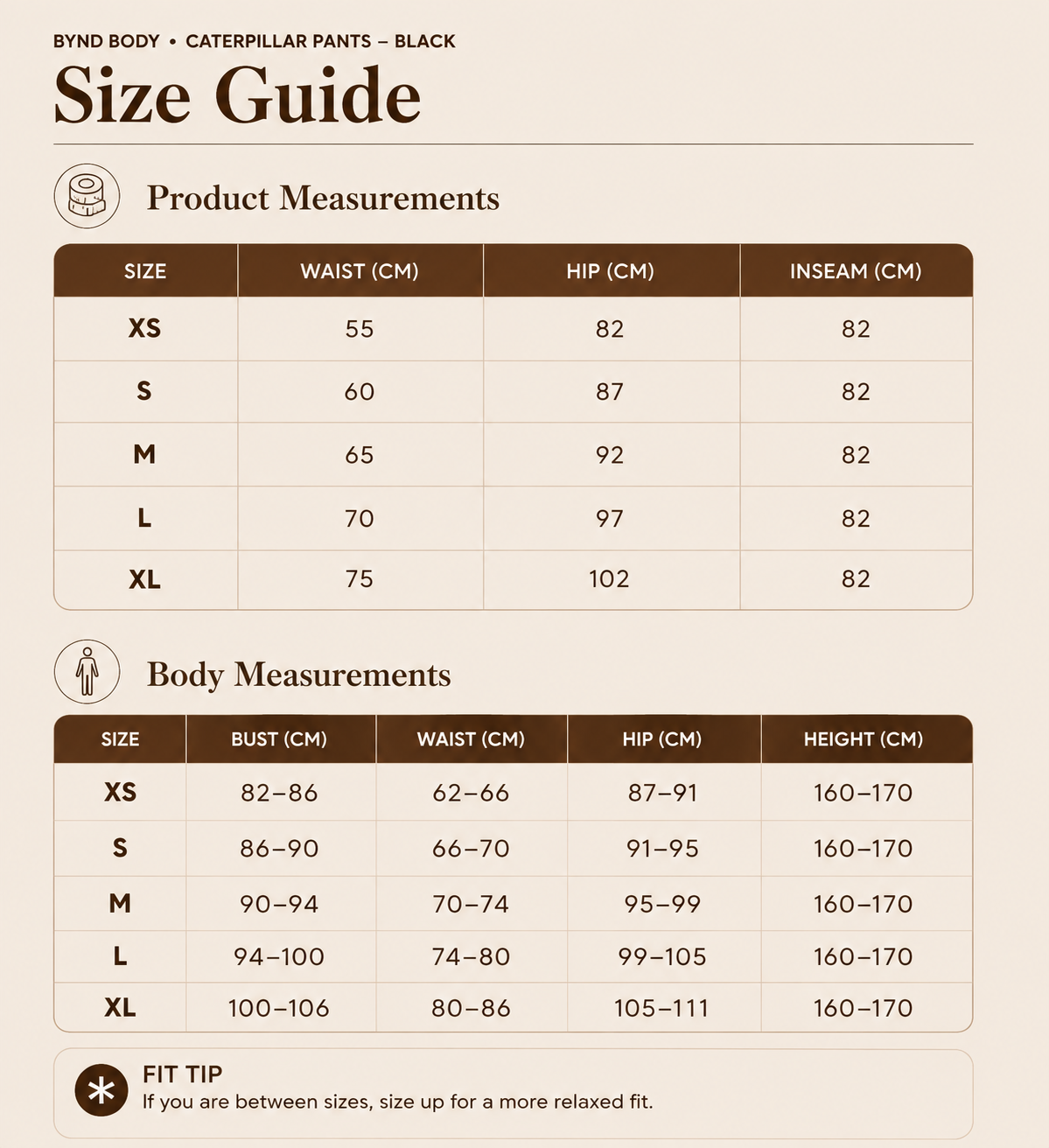 Size chart for Caterpillar Pants  in Coal