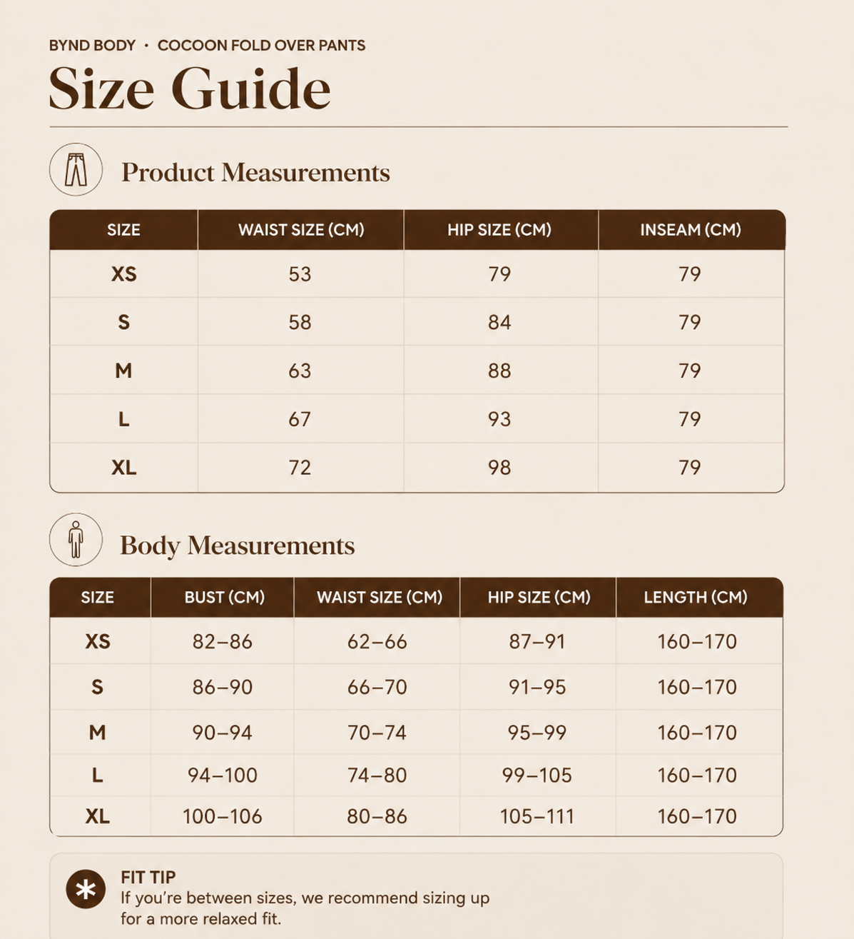 Size chart for Cocoon Fold Over Pants