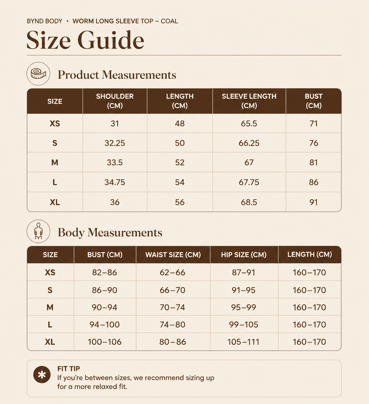 Size chart for Worm Long Sleeve Top in Coal