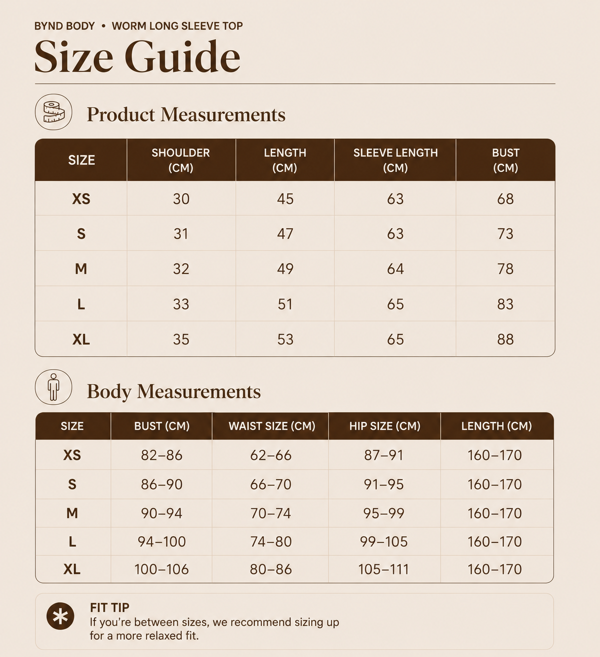 Size chart for Worm Long Sleeve Top