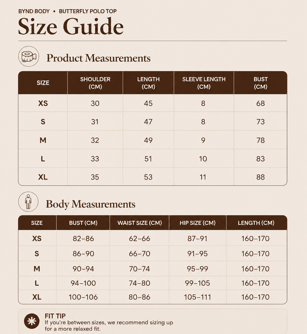 Size chart for Butterfly Polo Top