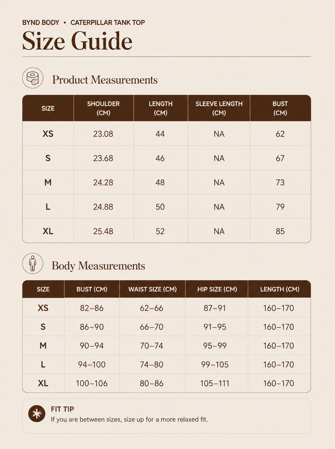 Size chart for Caterpillar Tank Top