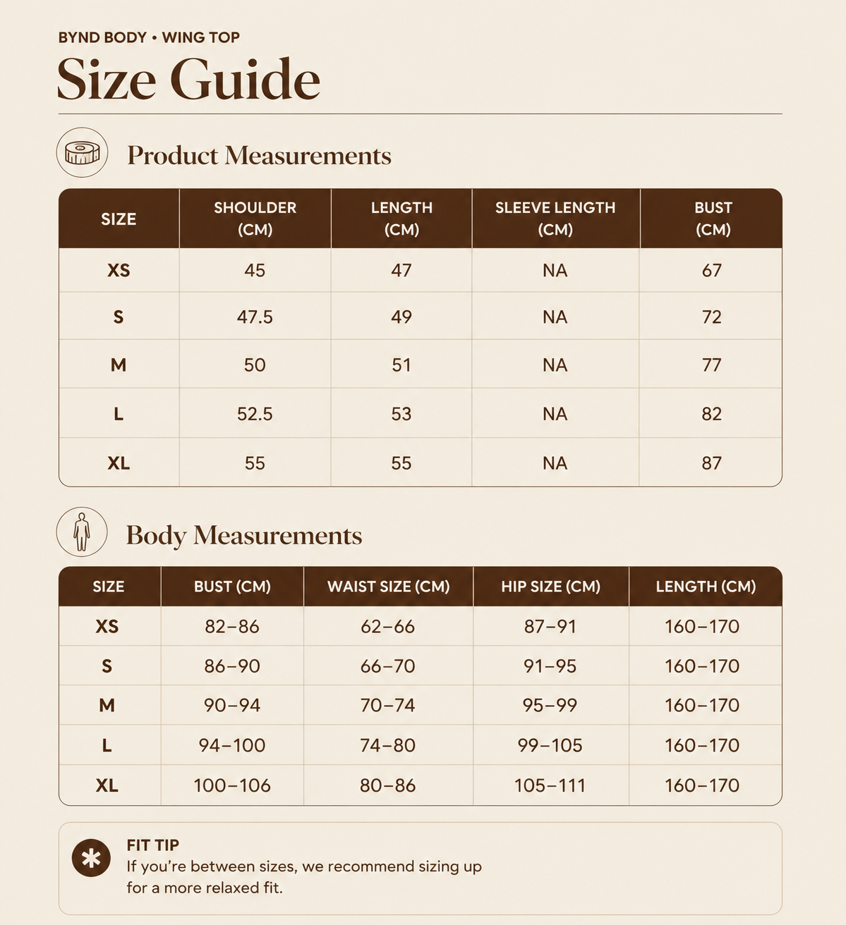 Size chart for Wing Top